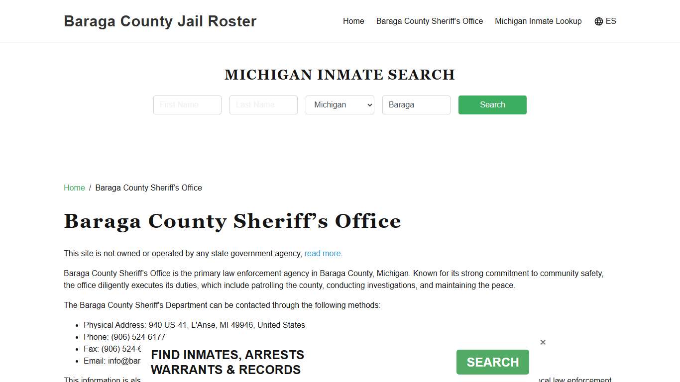 Baraga County Sheriff Office, MI, Arrest Warrants Search